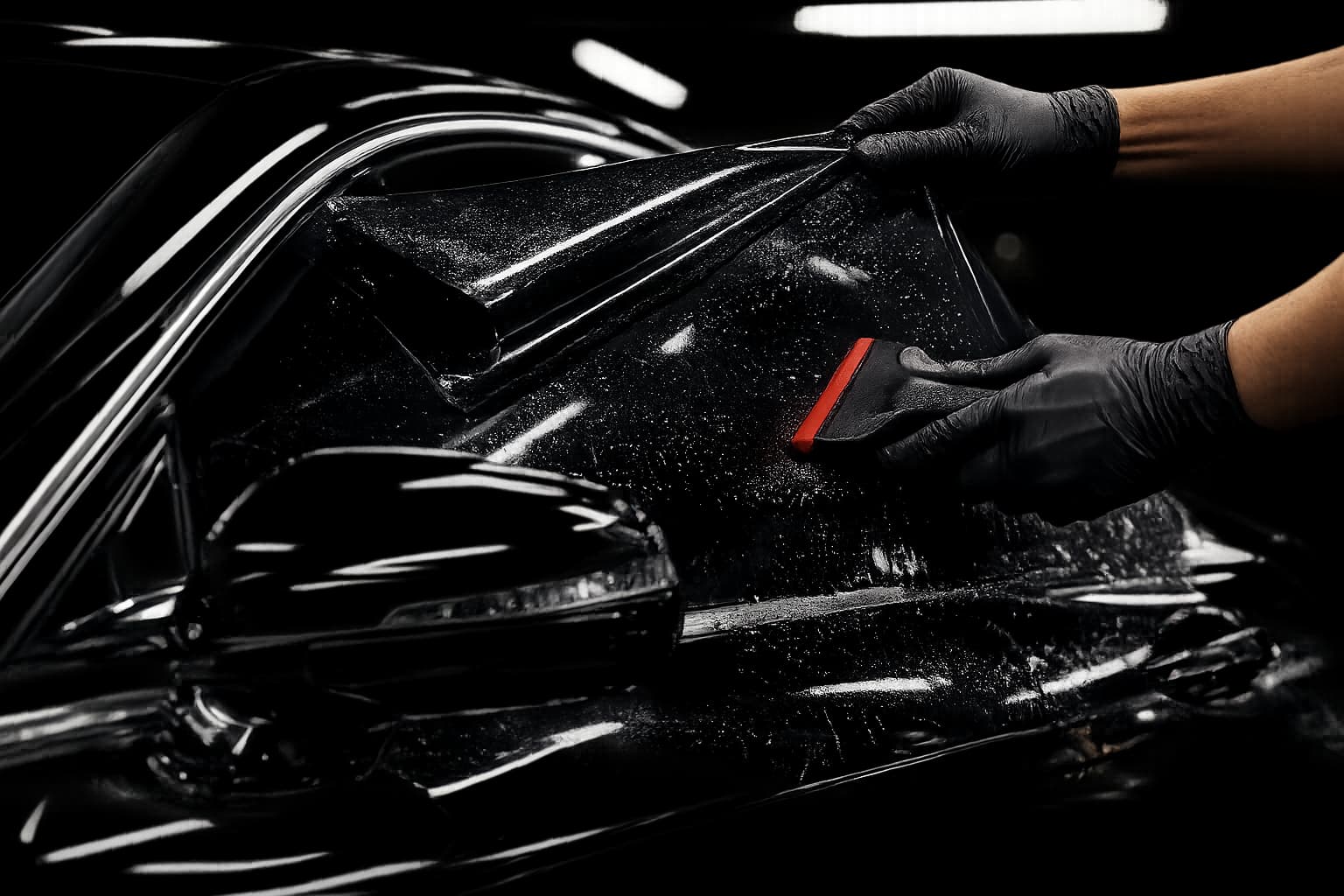 Tinted side windows on a dark car in bright sunlight