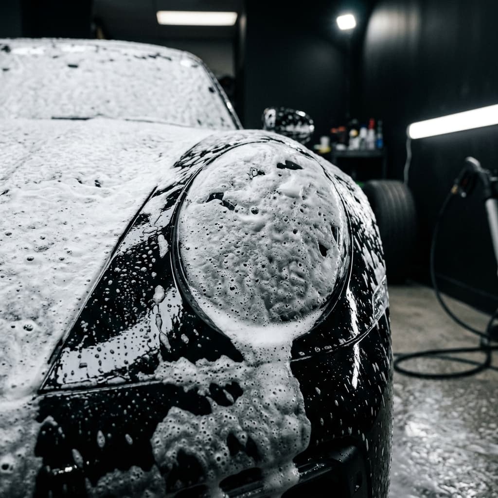 A sedan being foam washed outside a home in the UAE
